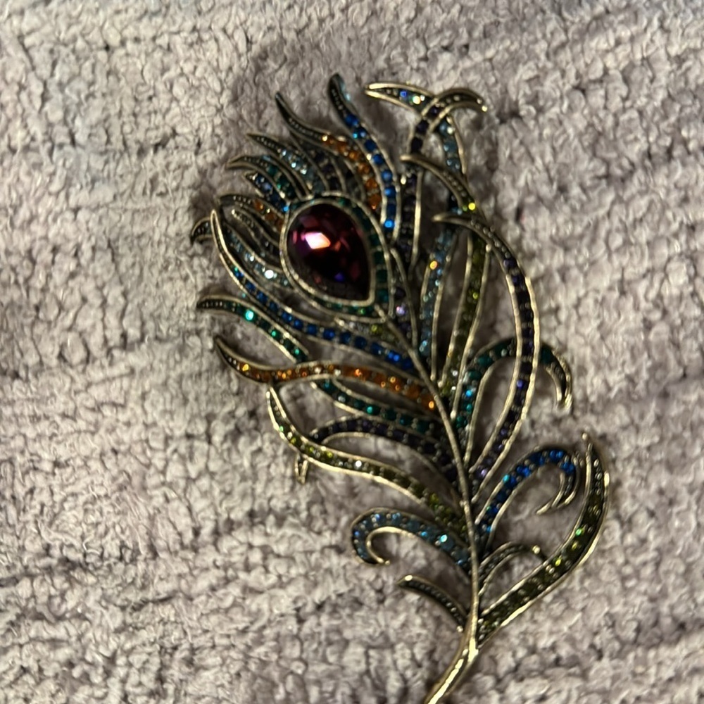 Heidi Daus Jeweled Feather Broach- “Pretty as a Peacock” Multi Color Crystals